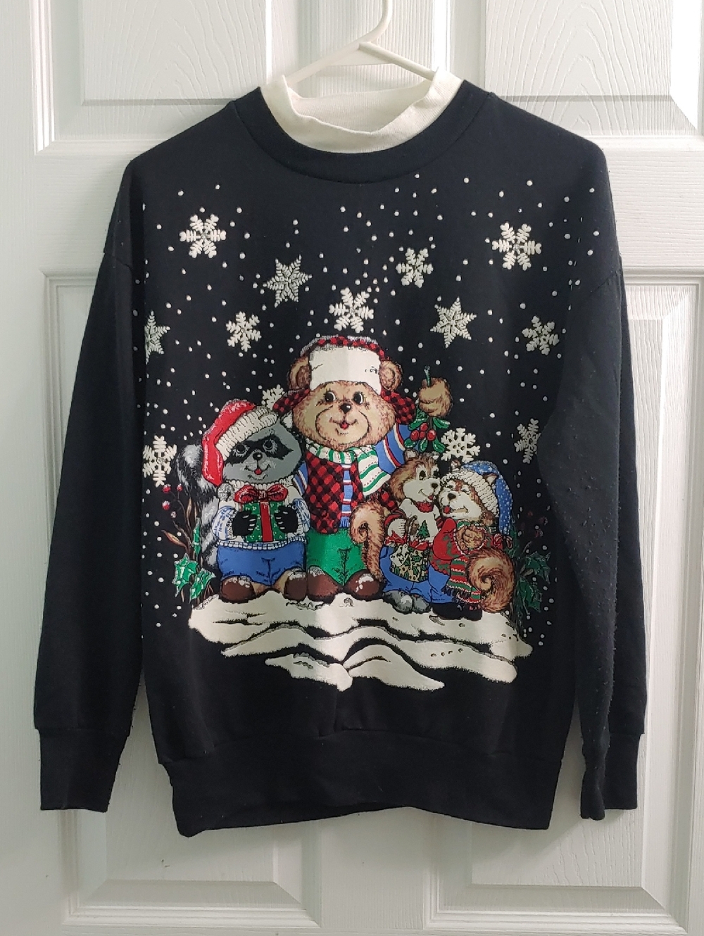 Vintage Christmas Sweater Nutcracker Mock Neck Black Forest Animals Women's S